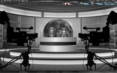 Two people sit in clearly fake moustaches and space helmets. They are superimposed onto a mock tv newsroom