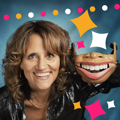 Nina Conti next to a mouth mask over a blue background with stars