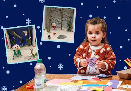 A young girl crafting. Beside her are two photos of winter themes boxes. Both images sit above a blue background with light blue snowflakes