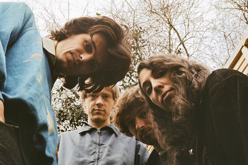 4 band members look down at the camera with trees behind them