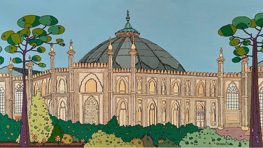 A illustration of Brighton Dome as seen from the Pavilion Gardens