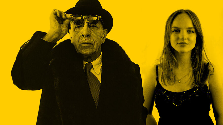 An older man wearing a big coat, hat and sunglasses on his forehead and younger girl wearing a sleeveless top pose with a yellow filter over the image