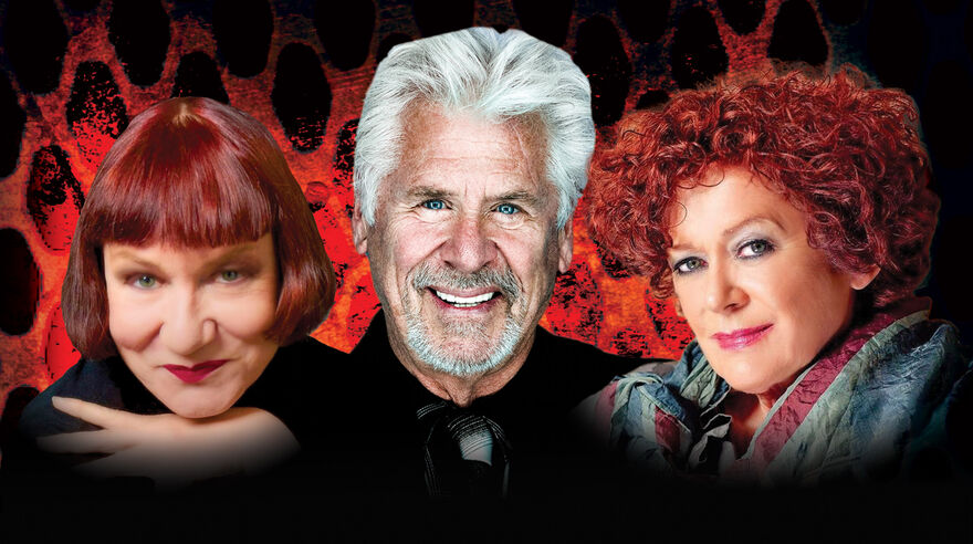 Three actors faces all smiling in front of a red and black background