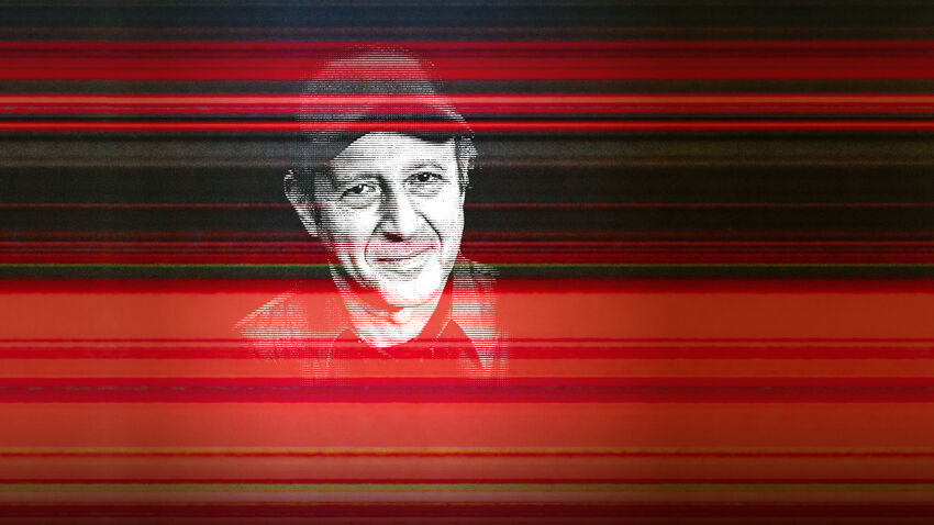 Headshot of Steve Reich overlayed on a graphic of red and black stripes