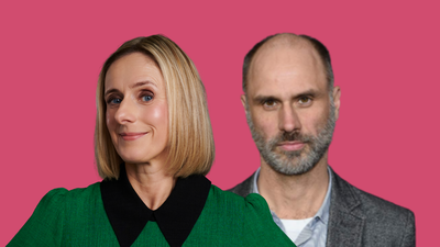 Marina Hyde wearing a green top with a black collar and Jesse Armstrong wearing a grey blazer and light blue shirtagainst a pink background