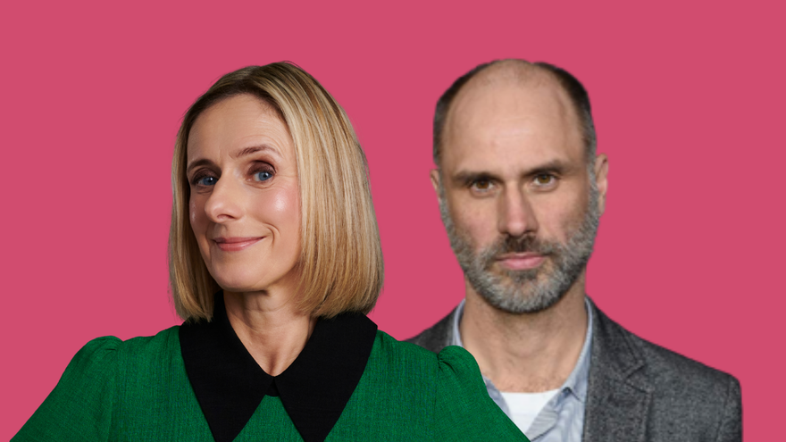 Marina Hyde wearing a green top with a black collar and Jesse Armstrong wearing a grey blazer and light blue shirtagainst a pink background