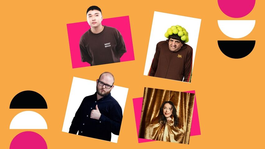 Four people in white and pink boxes, over a yellow background