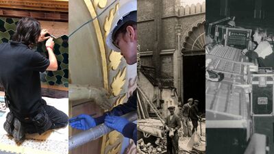 A collage of people working at Brighton Dome over many years. One is sepia tones, one is black and white, and two others are more modern colour photos