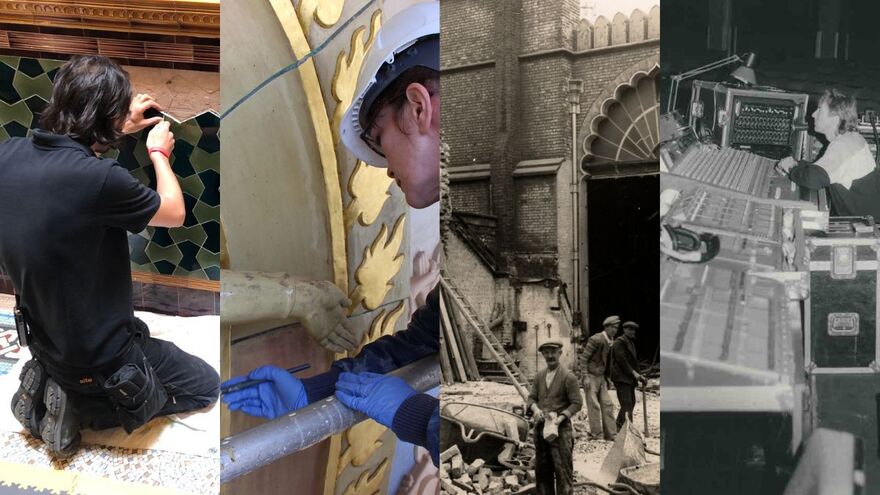 A collage of people working at Brighton Dome over many years. One is sepia tones, one is black and white, and two others are more modern colour photos