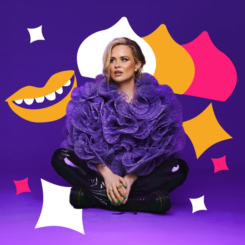 Joanne McNally wearing a purple tulle jacket sitting cross legged over a purple background