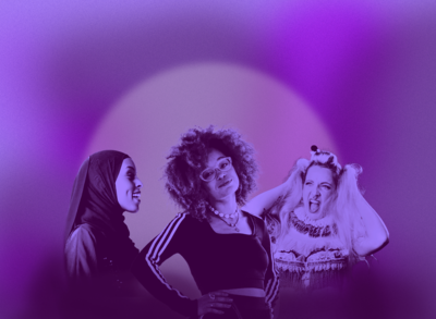 Cut outs of Ayan Aden, AFLO. the poet, and Naomi Wood on a purple background