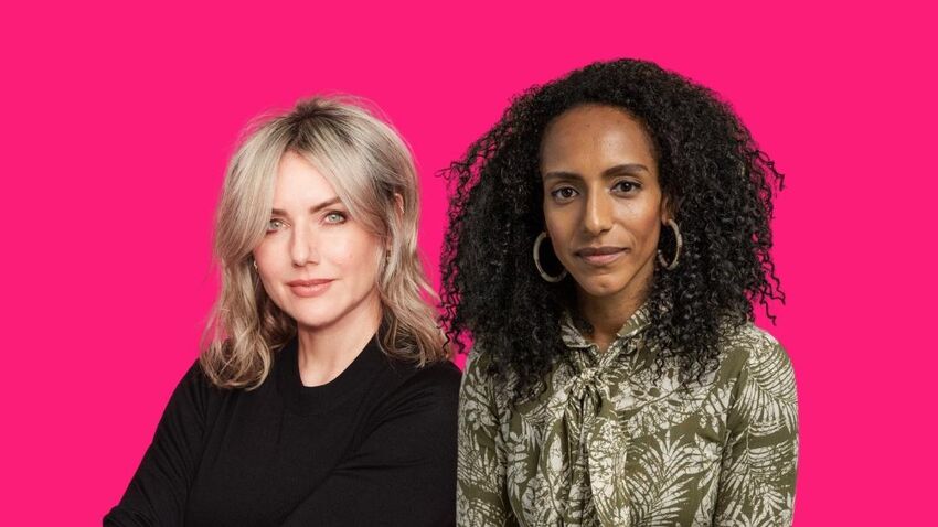 An image of Sali Hughes wearing a black top and Afua Hirsh with a leafy patterned shirt in front of a pink background