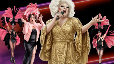 A colorful promotional-style illustration of a drag cabaret performance. In the foreground, a glamorous drag performer with a large platinum-blonde wig sings into a microphone while wearing a gold leopard-print gown. Behind them, a surprised person in glasses, a pink cardigan, and a black dress wears a large pink feathered headpiece with hands raised in excitement. On both sides, show dancers in black sequined costumes, fishnet tights, and towering pink-and-black feathered headdresses pose with feather fans. The background is black with neon pink and purple light streaks, creating a theatrical stage atmosphere.