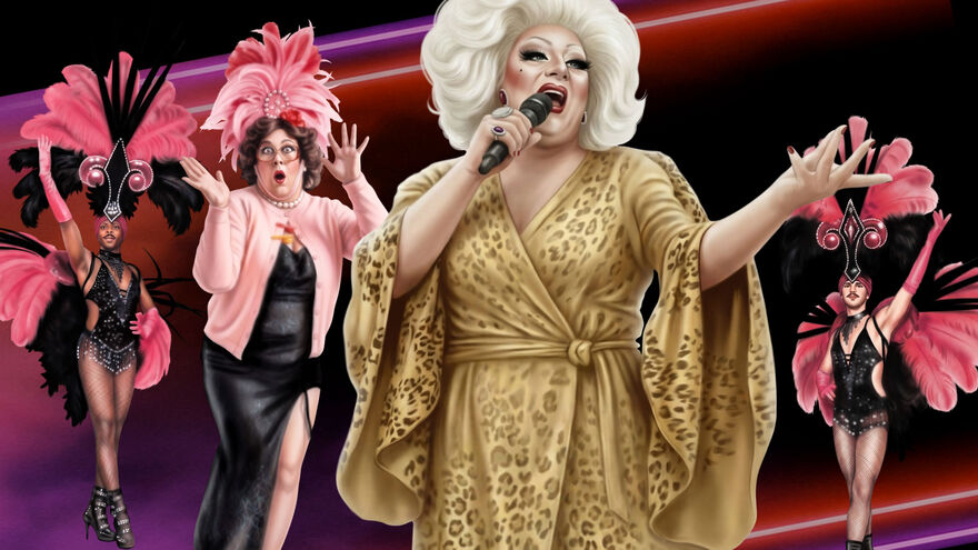 A colorful promotional-style illustration of a drag cabaret performance. In the foreground, a glamorous drag performer with a large platinum-blonde wig sings into a microphone while wearing a gold leopard-print gown. Behind them, a surprised person in glasses, a pink cardigan, and a black dress wears a large pink feathered headpiece with hands raised in excitement. On both sides, show dancers in black sequined costumes, fishnet tights, and towering pink-and-black feathered headdresses pose with feather fans. The background is black with neon pink and purple light streaks, creating a theatrical stage atmosphere.