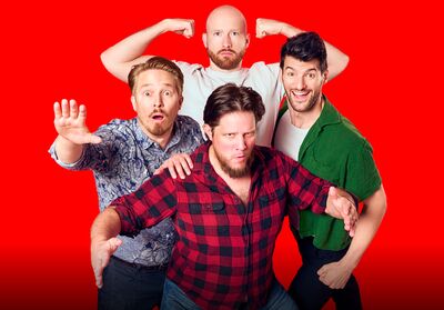 4 men standing in a diamond shape making a mixture of suprised, shocked, angry and straight faces