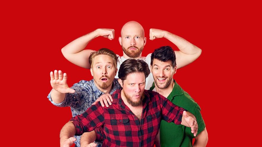 4 men standing in a diamond shape making a mixture of suprised, shocked, angry and straight faces