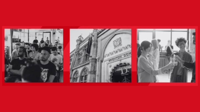 Red photo with the text 'Radio & Podcast Lab. Hands on Workshop and a chance to pitch your music idea to BBC Radio 3'. Underneath there are 3 black and white photos of people recording music with headphones one. One photo is a crowd of people