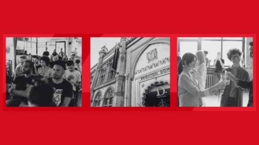 Red photo with the text 'Radio & Podcast Lab. Hands on Workshop and a chance to pitch your music idea to BBC Radio 3'. Underneath there are 3 black and white photos of people recording music with headphones one. One photo is a crowd of people