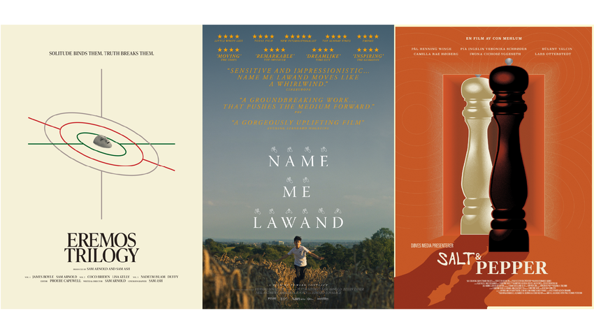 A trio of three film posters. Text on the film posters reads Eremos Trilogy, Name Me Lawland and Salt and Pepper