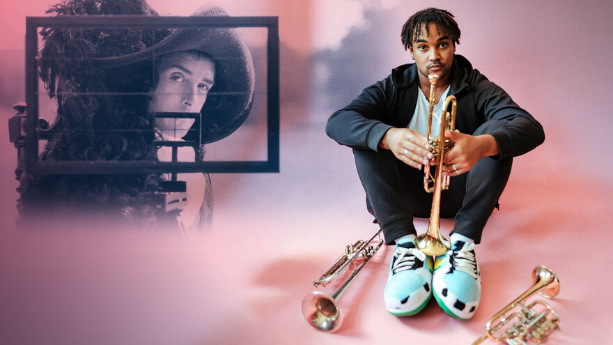 Man sitting down with a brass instrument over a pink cloud background