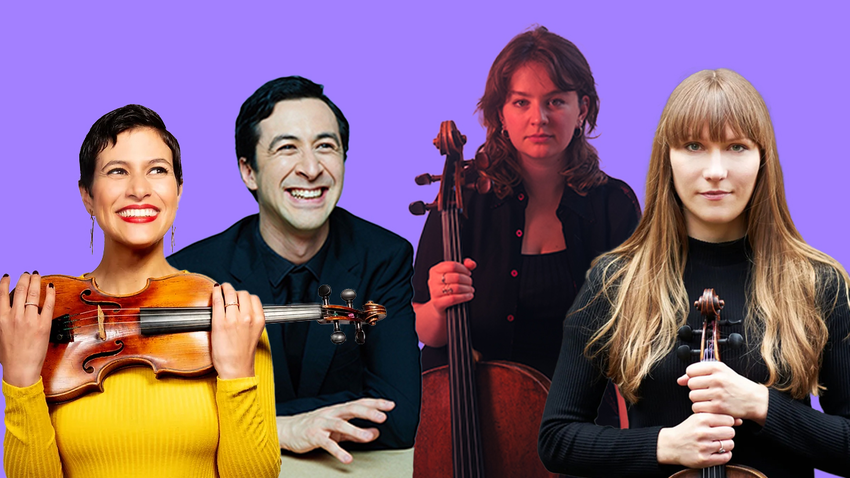 four people situated in a purple background.