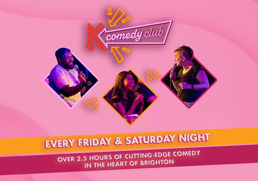 Komedia club advert - Every Friday and Saturday night with images of comedians in diamonds