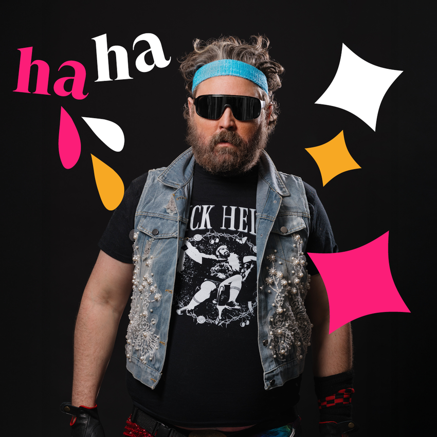 Nick Helm wearing a demin jacket with sunglasses and a blue headband, standing over a black background with the words ha ha 