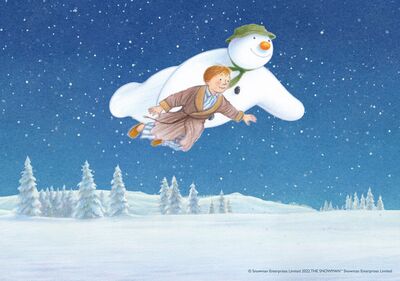 Illustrated picture of a snowman flying in the sky on a snowy night with a little boy