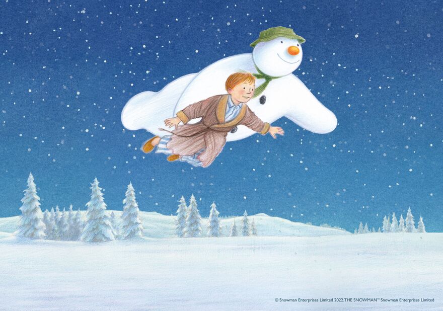 Illustrated picture of a snowman flying in the sky on a snowy night with a little boy