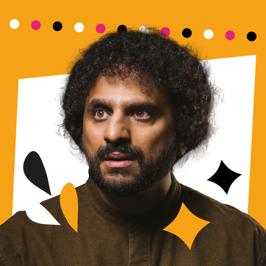 Nish Kumar looking dramatically away from camera in front of an orange graphic background