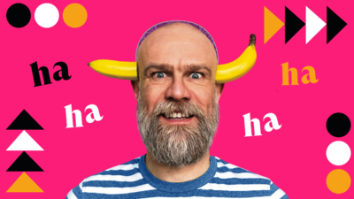 Olaf Fafalel standing over a purple background with a banana on his head