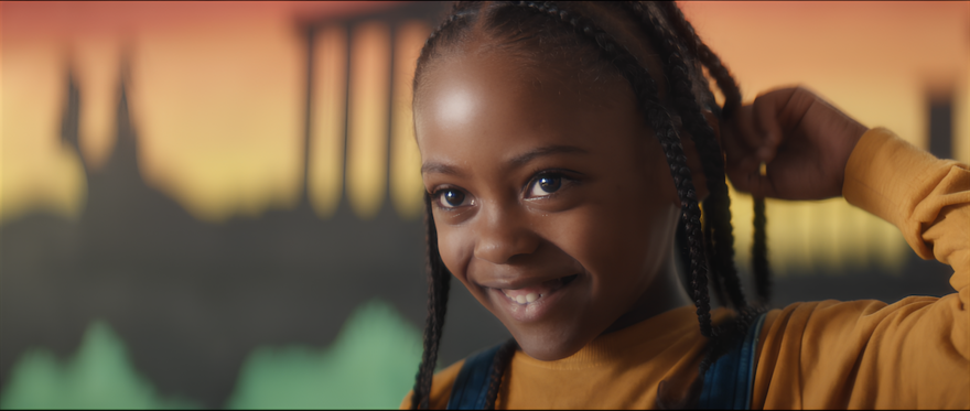 A film still of a young black person in a mustard colour jumper. They are playing with their braided hair and look happy