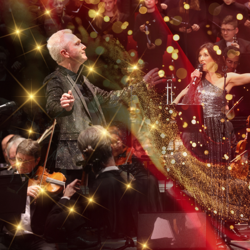 A conductor, female singer and orchestra performing with festive stars overlayed