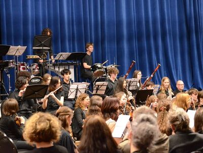 Brighton & East Sussex Youth Orchestra in front of a blue curtain