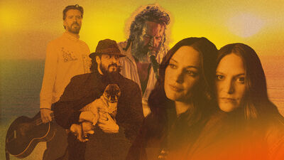 A montage of five performers with an orange haze overlayed