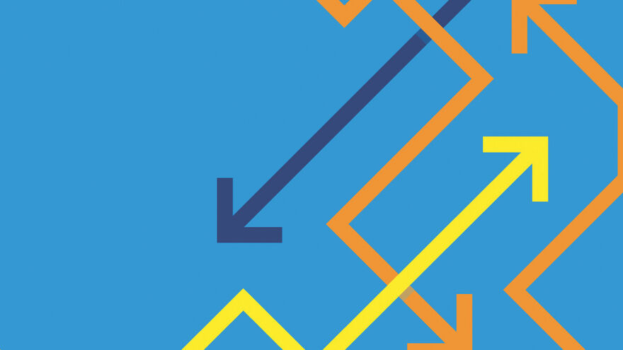 Yellow, orange and dark blue arrows pointing in various directions on a blue background
