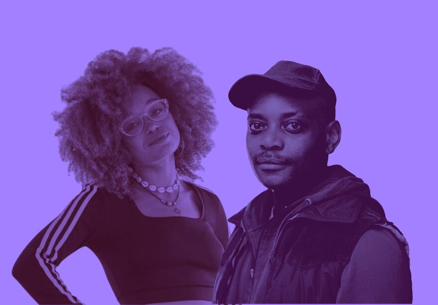 AFLO.the Poet with Keith Jarrett next to her. The photo has a purple colour treatment on it
