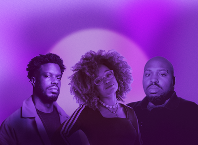 Gray Taylor. AFLO. the poet and Kareem Parkins-Brown cutouts against a purple background with a halo effect