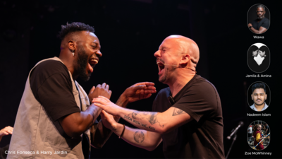 Two men are laughing and embracing. There are additional images on the edge of the image with other people