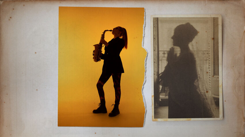A ripped photo of Jess Gillam playing sax next to vintage sepia photo of a woman