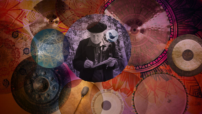 Montage image of a gamelan and a photograph of Messiaen