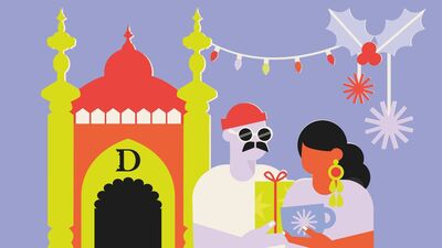 A colourful illustration of the front of Brighton Dome with two people standing in front holding Christmas presents