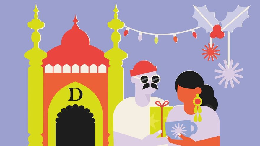 A colourful illustration of the front of Brighton Dome with two people standing in front holding Christmas presents