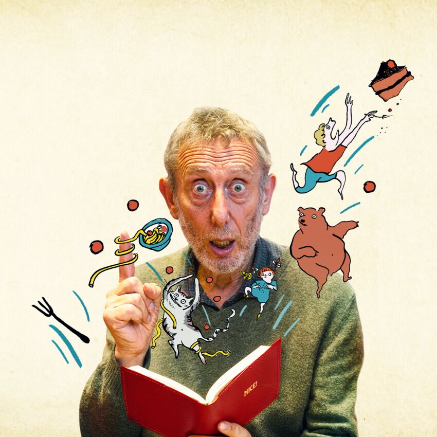 Michael Rosen reading a book with the words Nice! Stories and Rhymes with Michael Rosen in red text