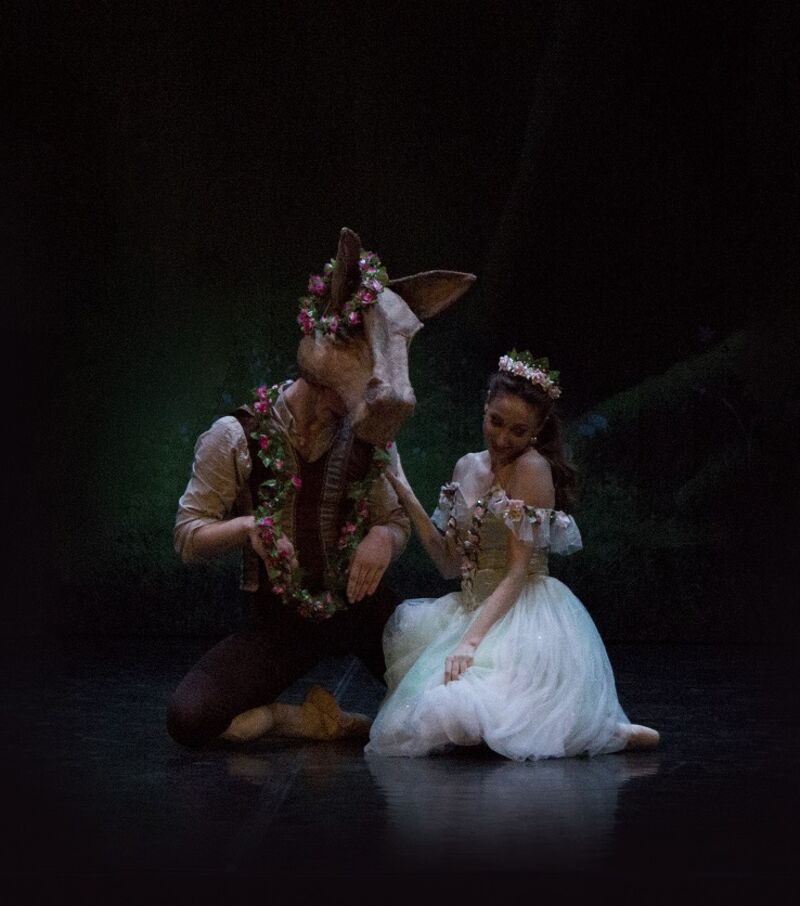 A person wearing a mask of a horse kneels on the floor, a ballerina in a white dress kneels next to him