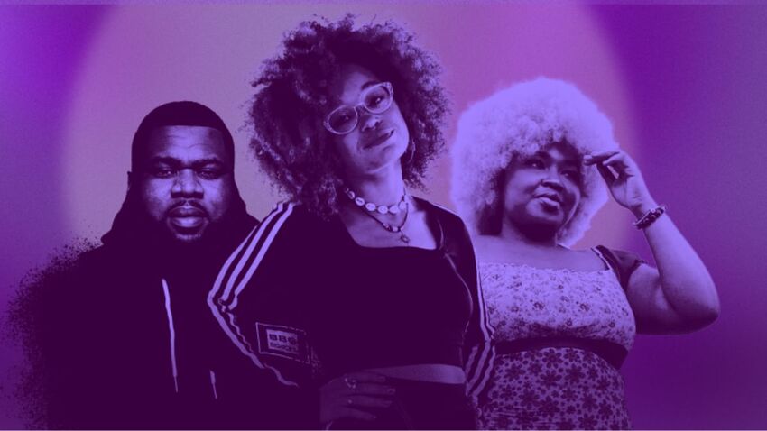 AFLO. the poet, BIG SCOOP & Jaz against a purple background