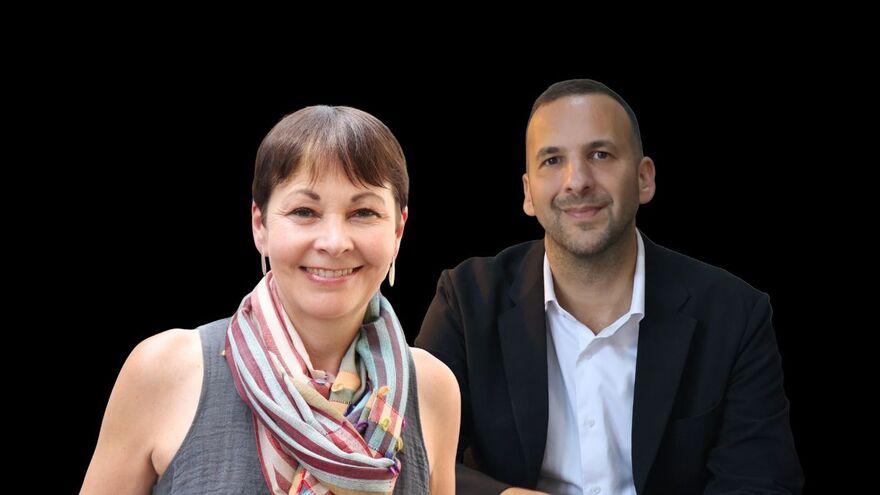 Caroline Lucas and Zack Polanski headshots over a green background. They are both smiling