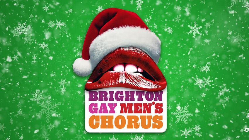 Rocky Horror lips wearing a Father Christmas hat above the words 'Brighton Gay Men's Chorus' and 