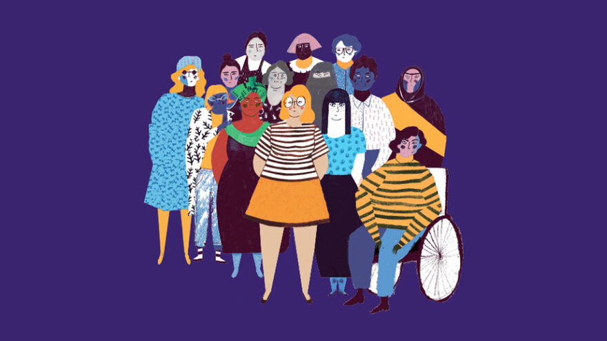 A colourful illustration of a group of women on a purple background
