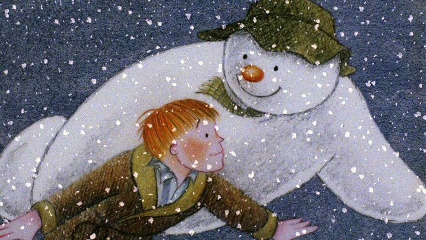 A cartoon of a snowman and a young boy flying through a snowy sky